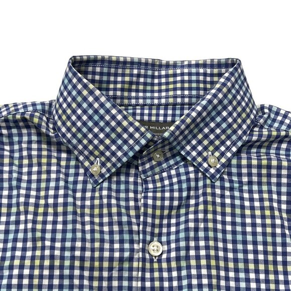 Peter Millar Summer Comfort Button Down Shirt Mens Medium Nylon Blue Check L/S - Picture 3 of 9